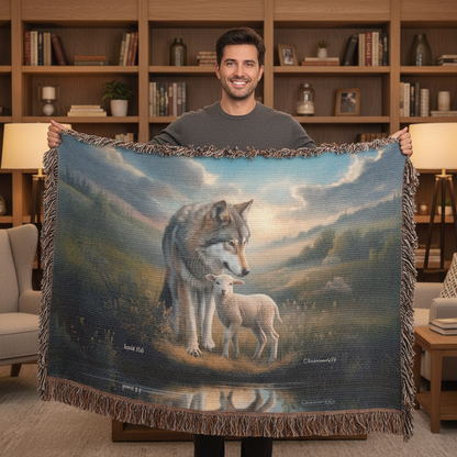 Wolf and Lamb Christian Heirloom Woven Blanket Tapestry - Isaiah 11:6