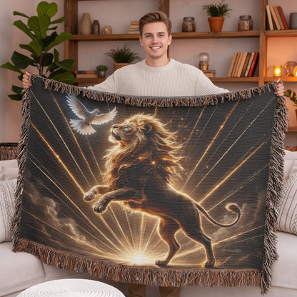 Lion of Judah and Holy Spirit with Golden Rays Heirloom Woven Blanket