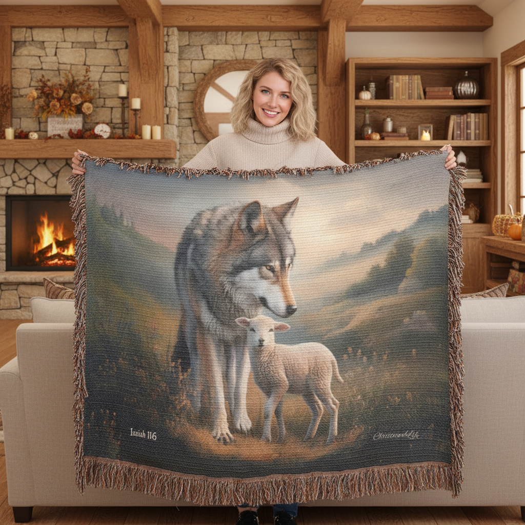 Wolf and Lamb Peaceful Christian Heirloom Woven Blanket Tapestry - Isaiah 11:6