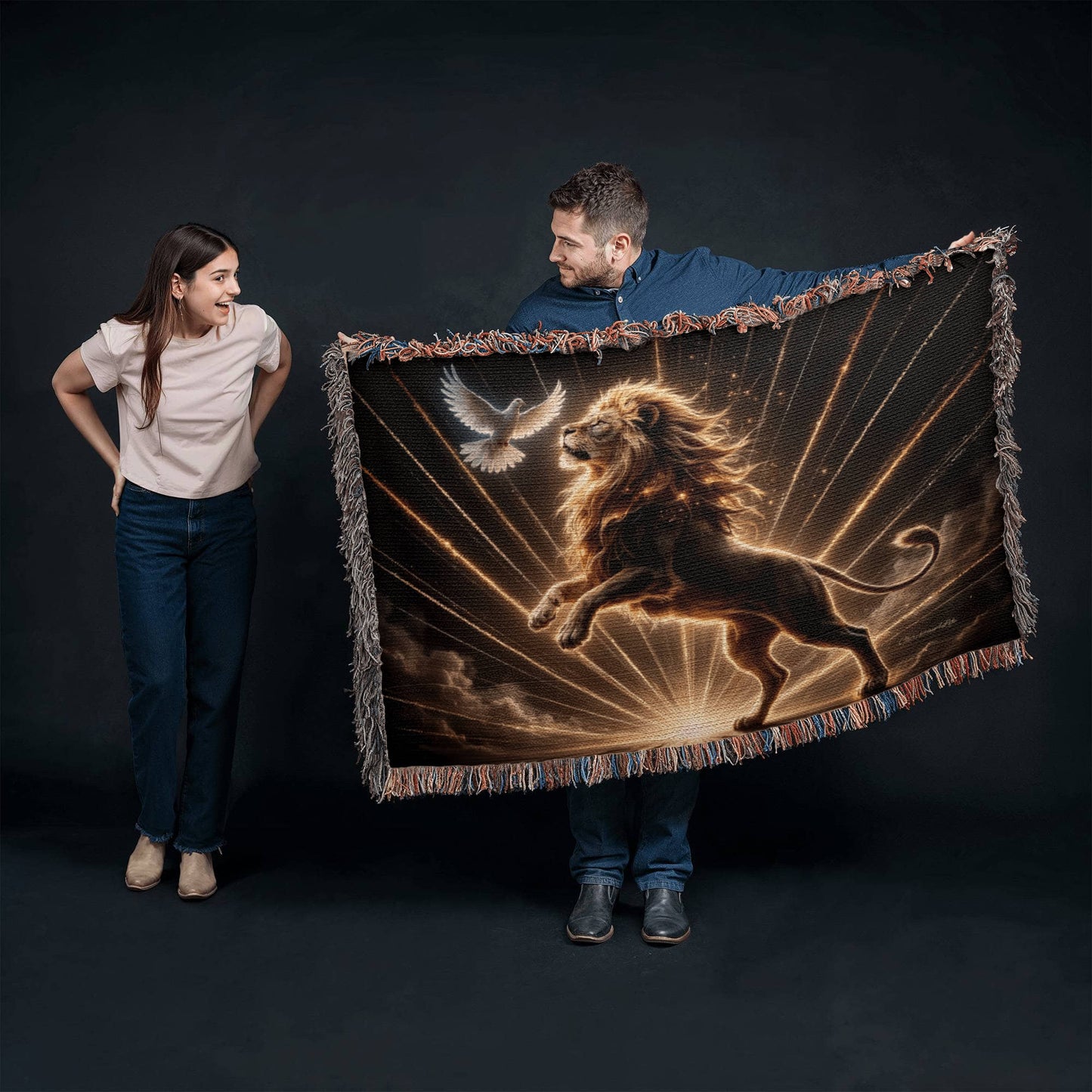 Lion of Judah and Holy Spirit with Golden Rays Heirloom Woven Blanket