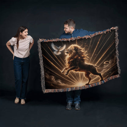 Lion of Judah and Holy Spirit with Golden Rays Heirloom Woven Blanket