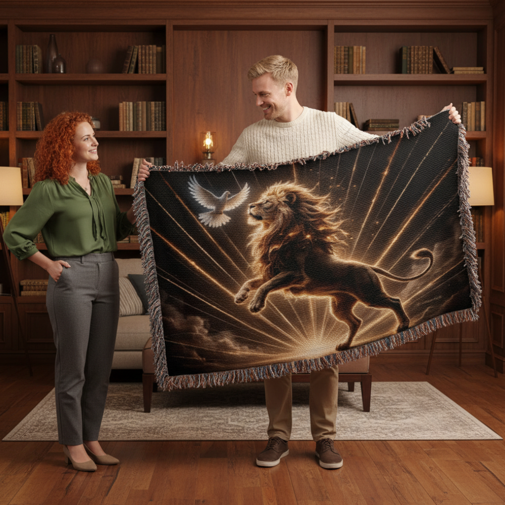 Lion of Judah and Holy Spirit with Golden Rays Heirloom Woven Blanket