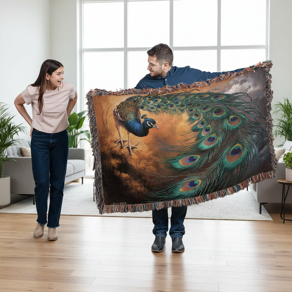 Peacock Heirloom Woven Blanket - Tapestry Decorative art print - a vibrant and elegant statement Peacock art piece