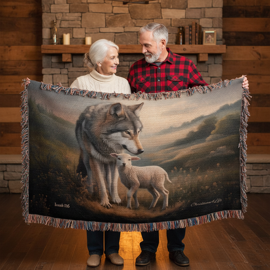 Wolf and Lamb Peaceful Christian Heirloom Woven Blanket Tapestry - Isaiah 11:6