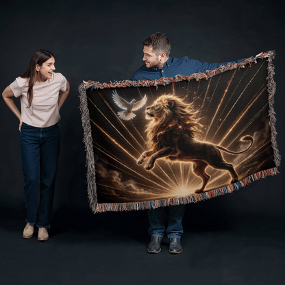 Lion of Judah and Holy Spirit with Golden Rays Heirloom Woven Blanket