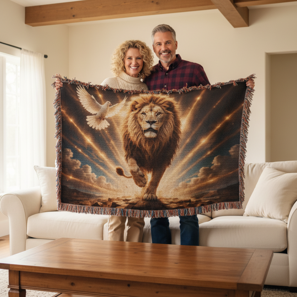 Lion of Judah, Holy Spirit, Clouds and Golden Rays- Heirloom Woven Blanket