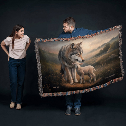 Wolf and Lamb Peaceful Christian Heirloom Woven Blanket Tapestry - Isaiah 11:6