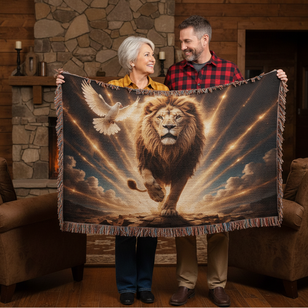 Lion of Judah, Holy Spirit, Clouds and Golden Rays- Heirloom Woven Blanket