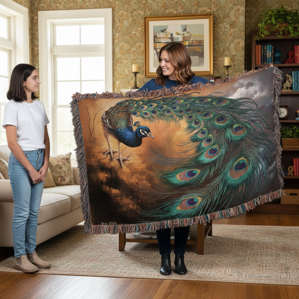 Peacock Heirloom Woven Blanket - Tapestry Decorative art print - a vibrant and elegant statement Peacock art piece