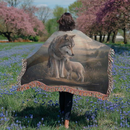 Wolf and Lamb Christian Heirloom Woven Blanket Tapestry - Isaiah 11:6