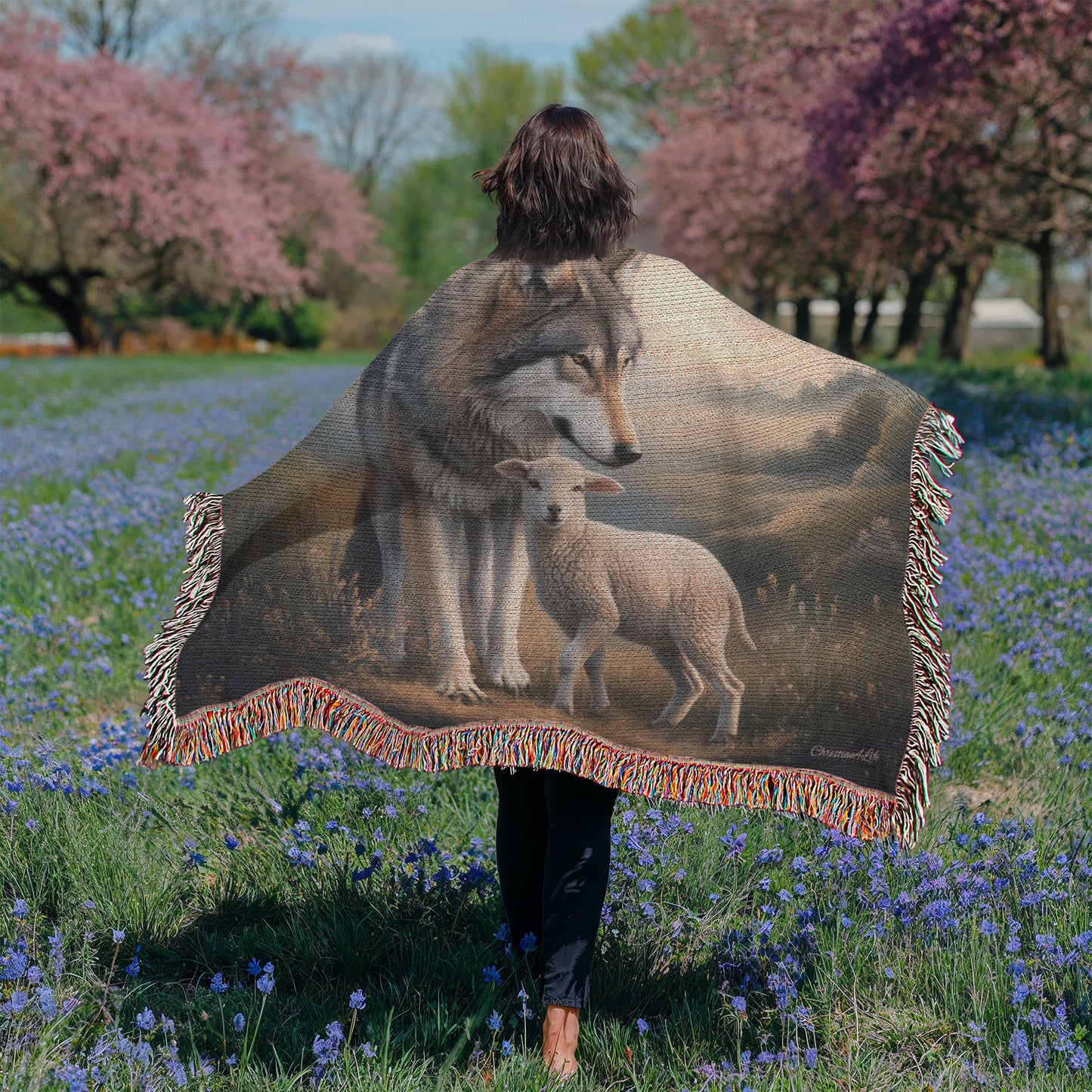 Wolf and Lamb Peaceful Christian Heirloom Woven Blanket Tapestry - Isaiah 11:6