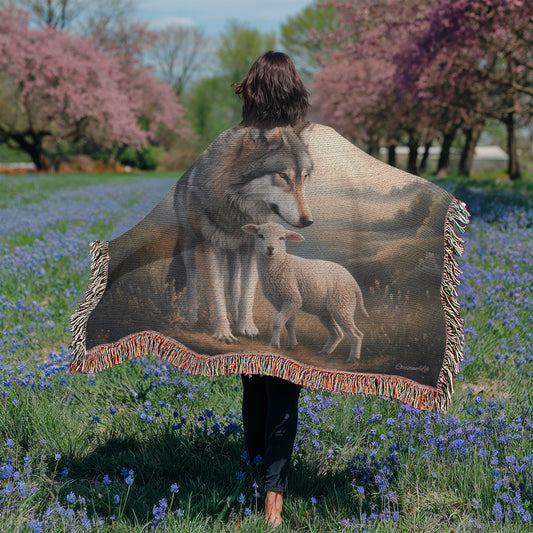 Wolf and Lamb Peaceful Christian Heirloom Woven Blanket Tapestry - Isaiah 11:6