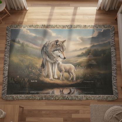 Wolf and Lamb Christian Heirloom Woven Blanket Tapestry - Isaiah 11:6