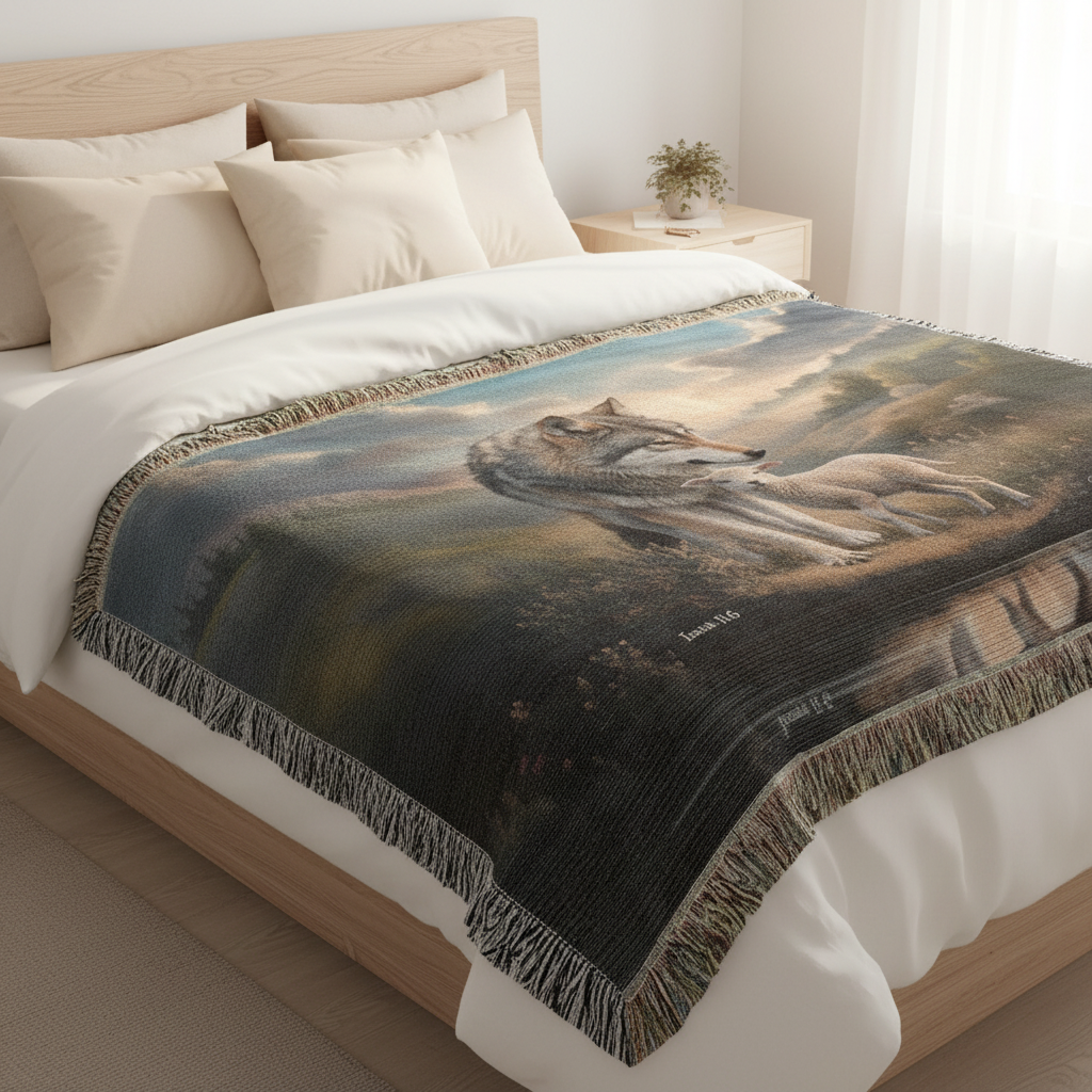 Wolf and Lamb Christian Heirloom Woven Blanket Tapestry - Isaiah 11:6