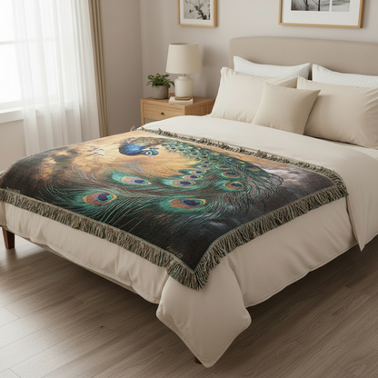 Peacock Heirloom Woven Blanket - Tapestry Decorative art print - a vibrant and elegant statement Peacock art piece
