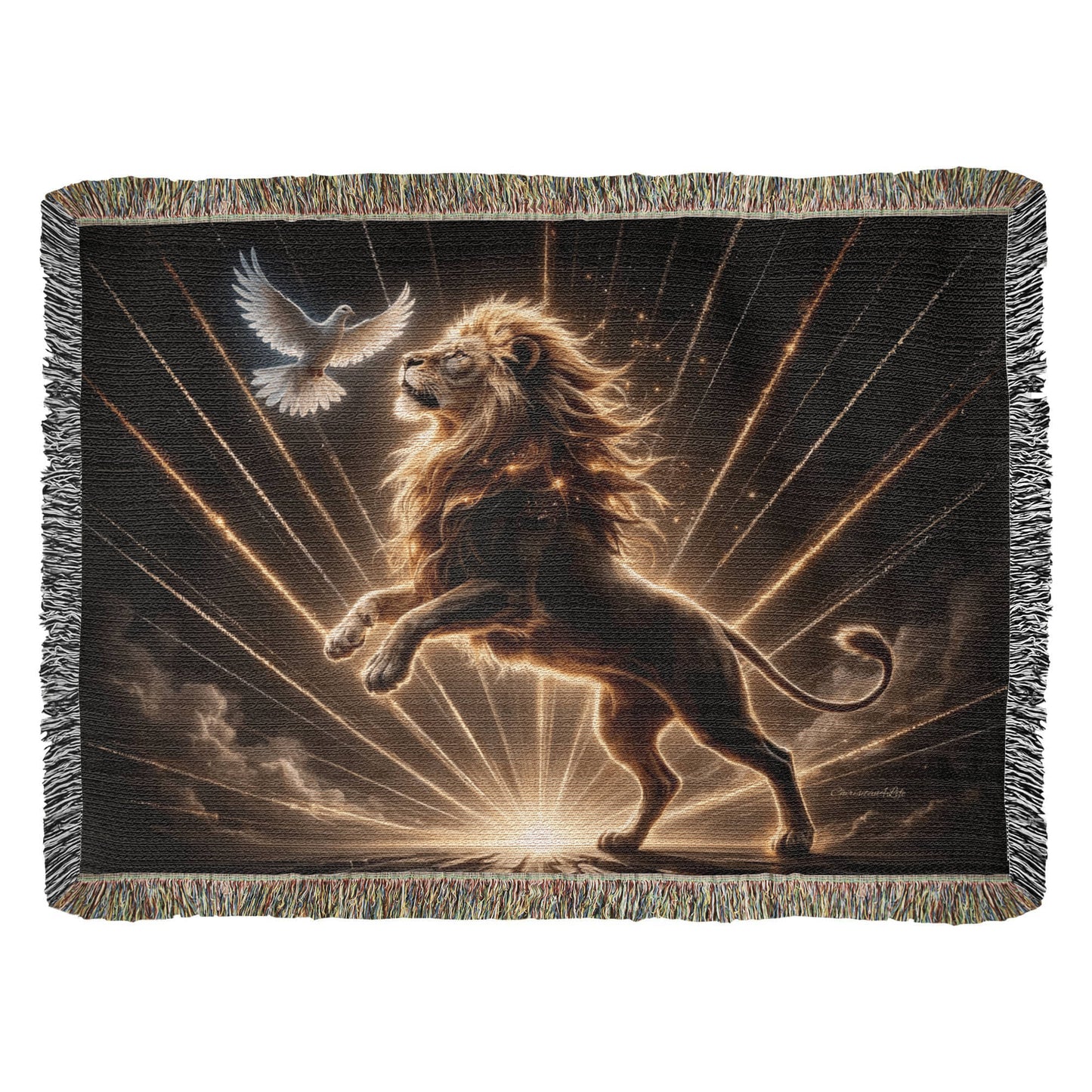 Lion of Judah and Holy Spirit with Golden Rays Heirloom Woven Blanket