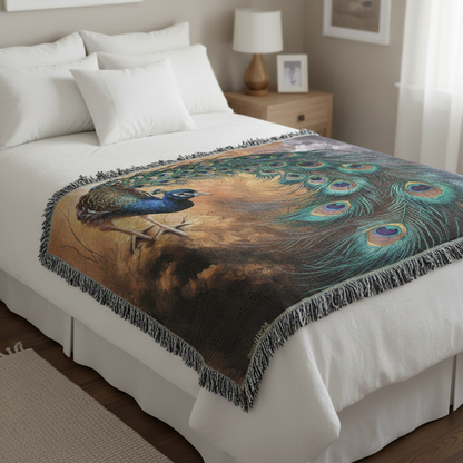 Peacock Heirloom Woven Blanket - Tapestry Decorative art print - a vibrant and elegant statement Peacock art piece