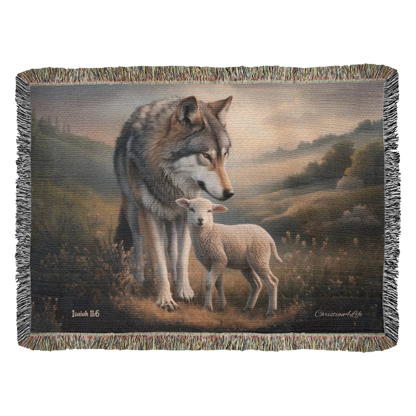 Wolf and Lamb Peaceful Christian Heirloom Woven Blanket Tapestry - Isaiah 11:6