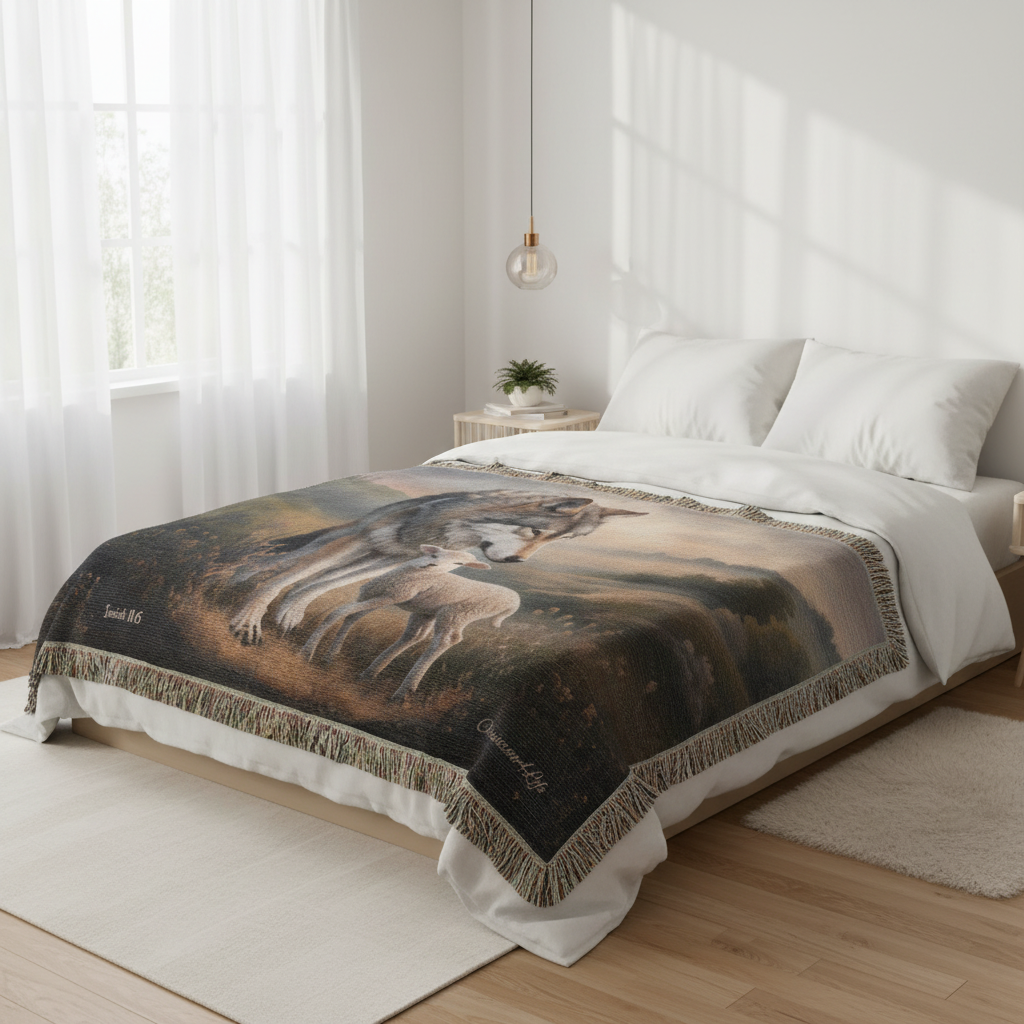 Wolf and Lamb Peaceful Christian Heirloom Woven Blanket Tapestry - Isaiah 11:6