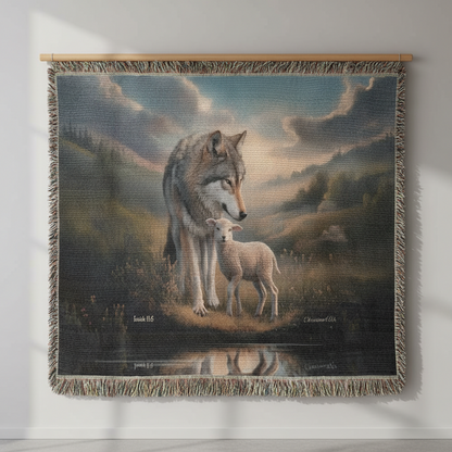 Wolf and Lamb Christian Heirloom Woven Blanket Tapestry - Isaiah 11:6