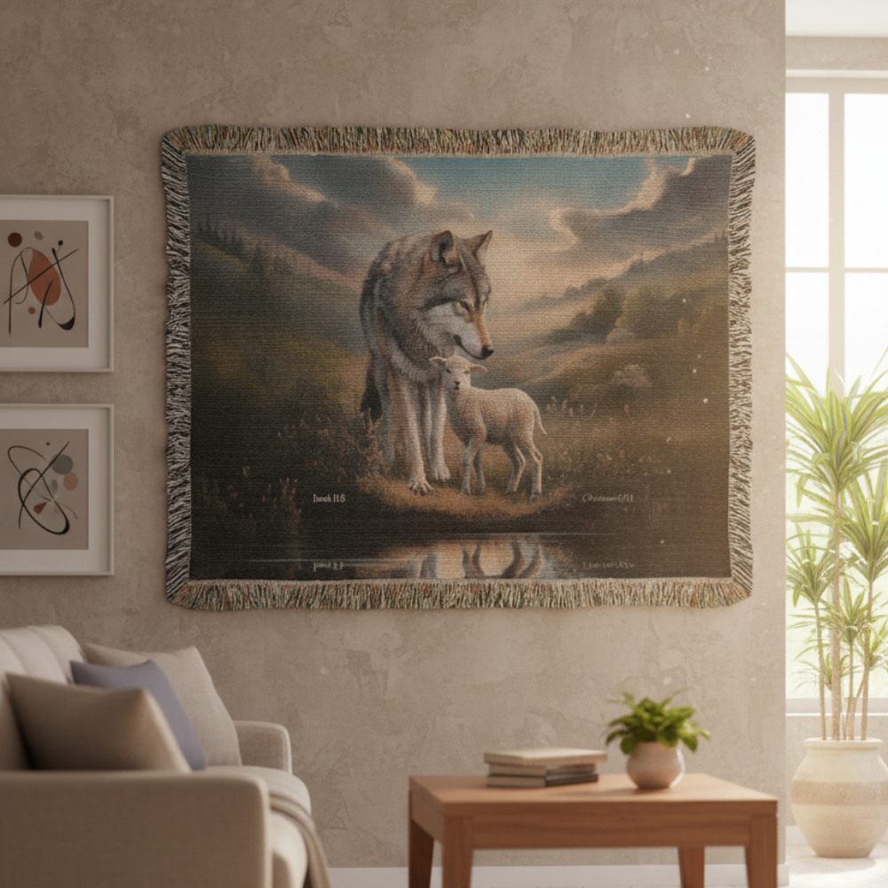 Wolf and Lamb Christian Heirloom Woven Blanket Tapestry - Isaiah 11:6