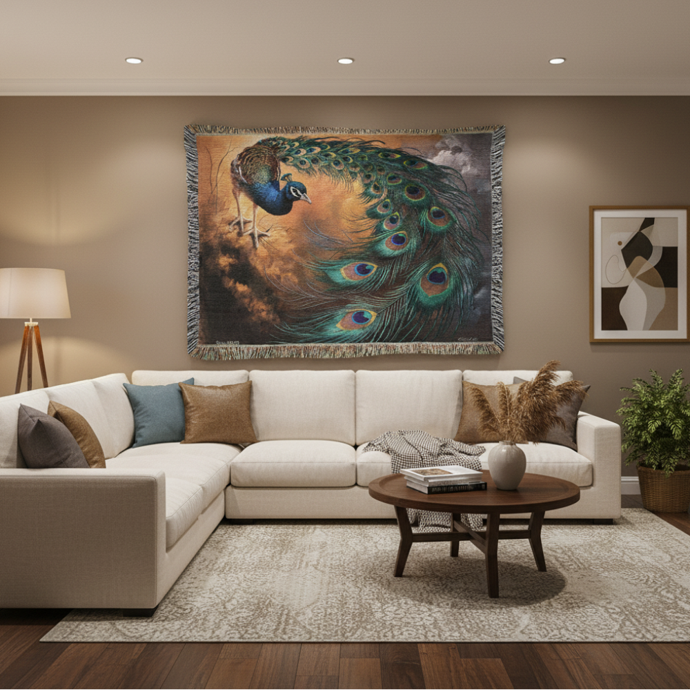 Peacock Heirloom Woven Blanket - Tapestry Decorative art print - a vibrant and elegant statement Peacock art piece