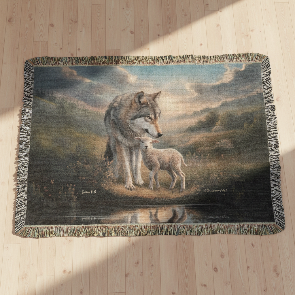Woven blanket with a wolf and lamb design on a wooden floor