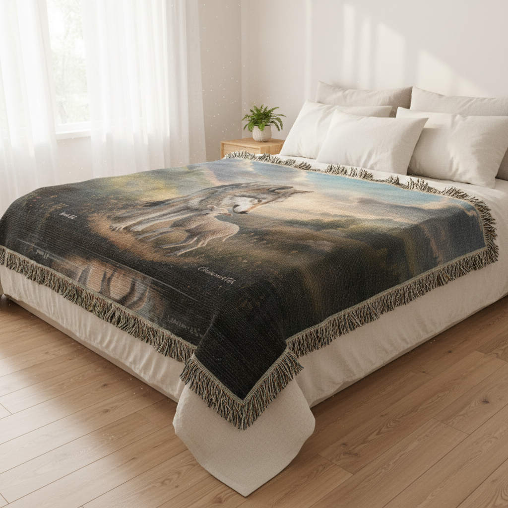 Wolf and Lamb Christian Heirloom Woven Blanket Tapestry - Isaiah 11:6