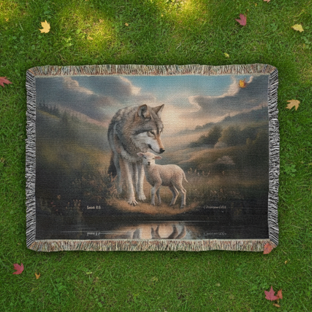 Woven blanket with a wolf and lamb design on grass