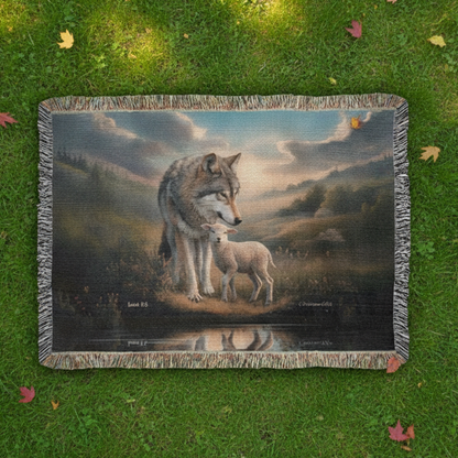 Woven blanket with a wolf and lamb design on grass