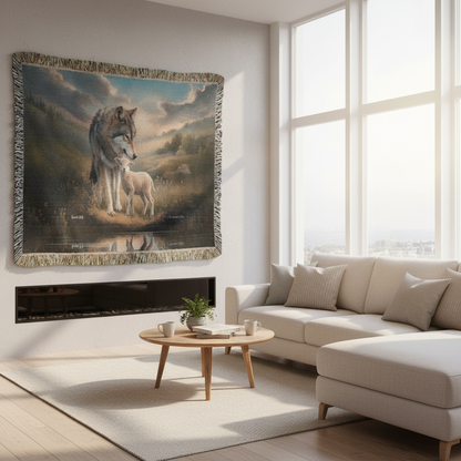 Wolf and Lamb Christian Heirloom Woven Blanket Tapestry - Isaiah 11:6