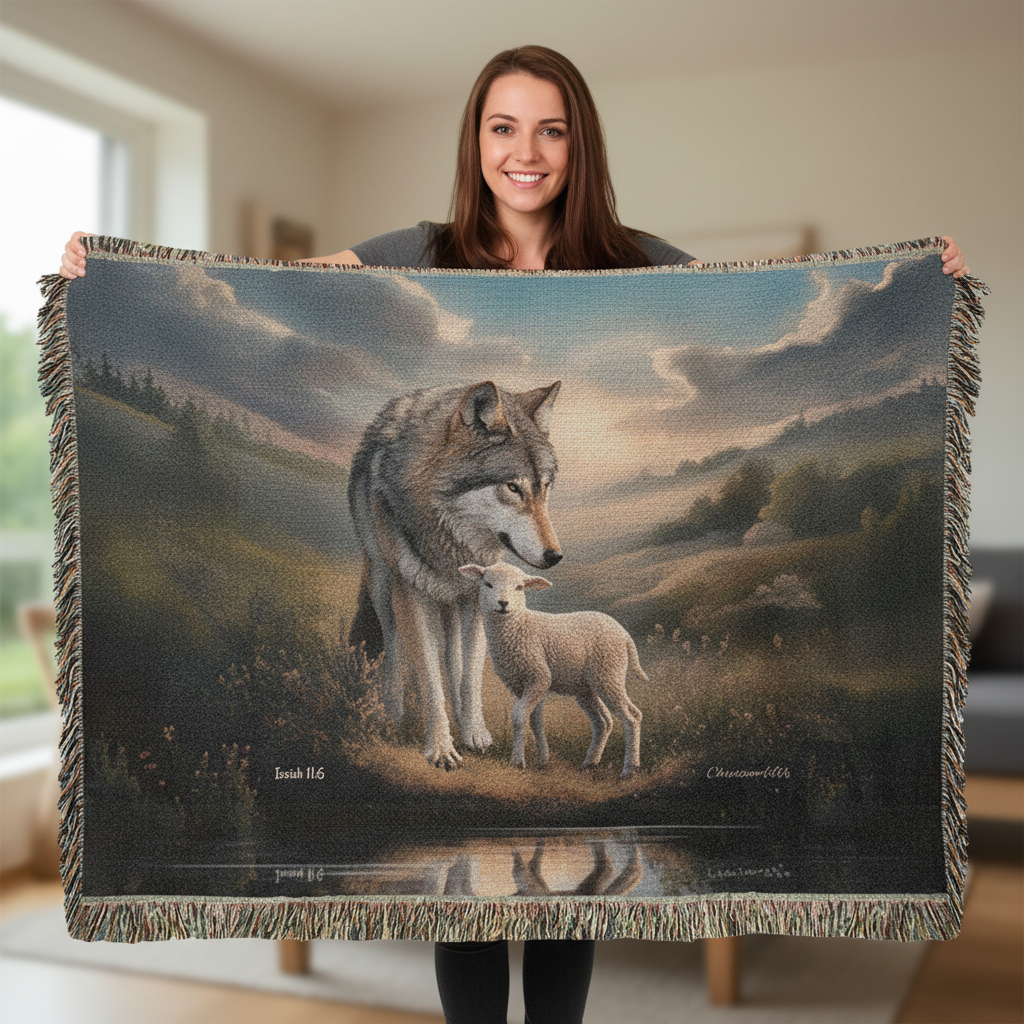 Woman holding a blanket with a wolf and lamb design in a room.