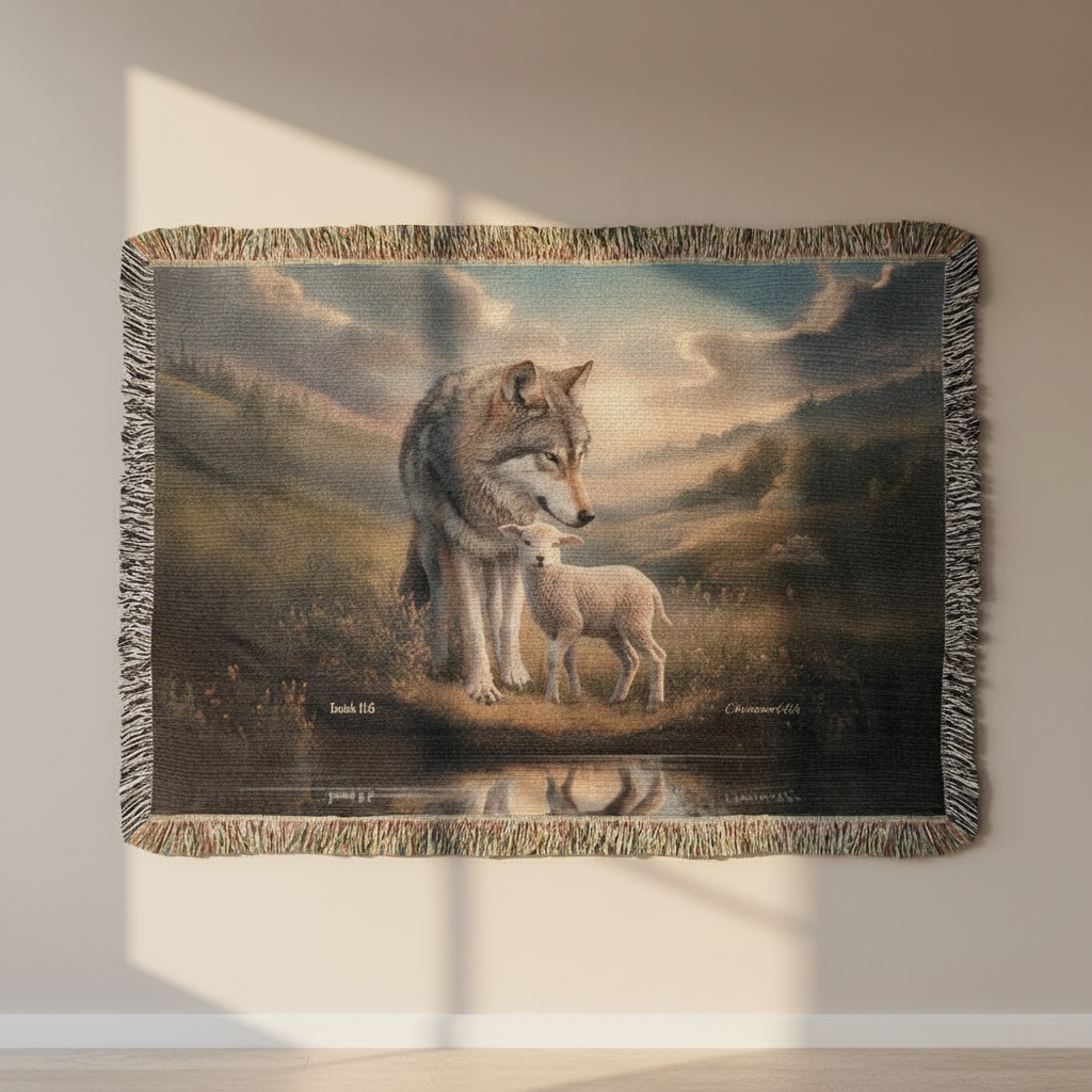 Woven blanket with a wolf and lamb design on a plain background