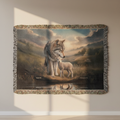 Woven blanket with a wolf and lamb design on a plain background