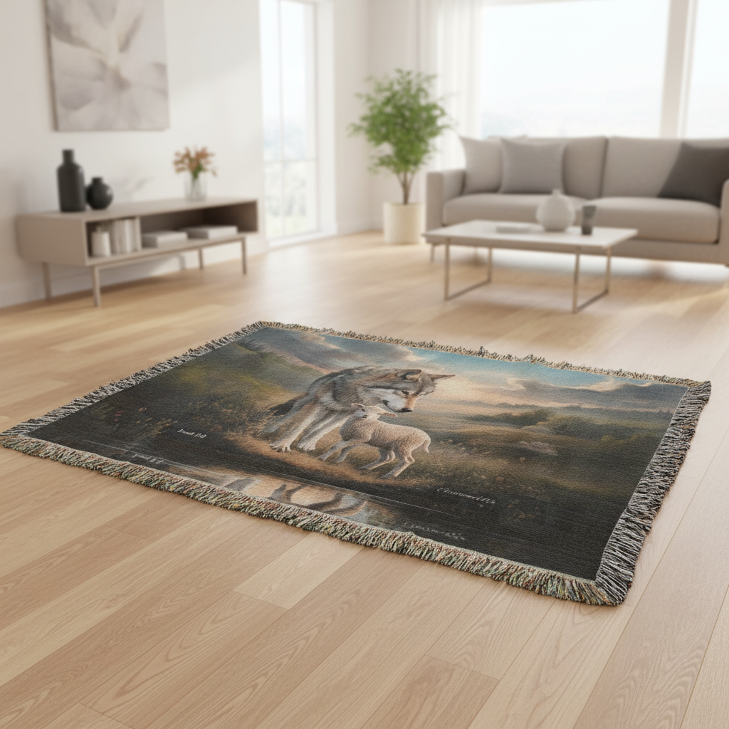 Wolf and Lamb Christian Heirloom Woven Blanket Tapestry - Isaiah 11:6