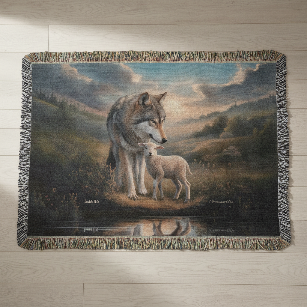 Wolf and Lamb Christian Heirloom Woven Blanket Tapestry - Isaiah 11:6