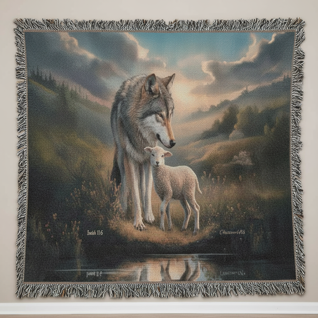 Woven blanket with a wolf and lamb design in a scenic setting