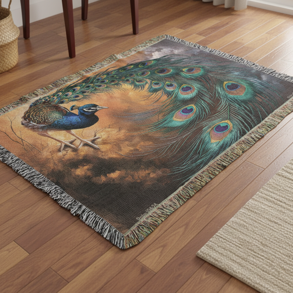 Peacock Heirloom Woven Blanket - Tapestry Decorative art print - a vibrant and elegant statement Peacock art piece