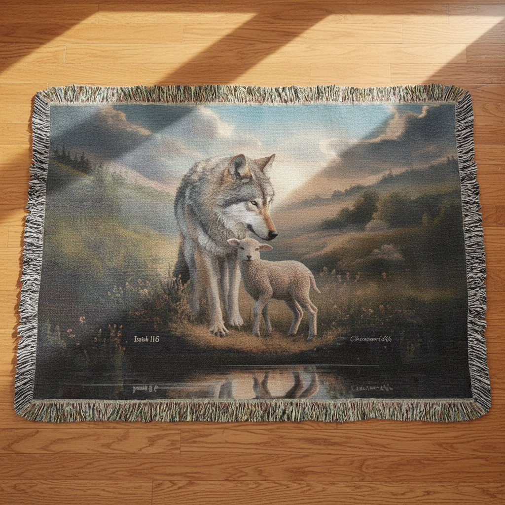 Woven blanket with a wolf and lamb design on a wooden surface