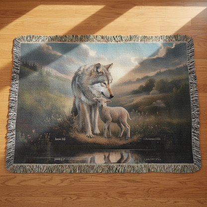 Woven blanket with a wolf and lamb design on a wooden surface