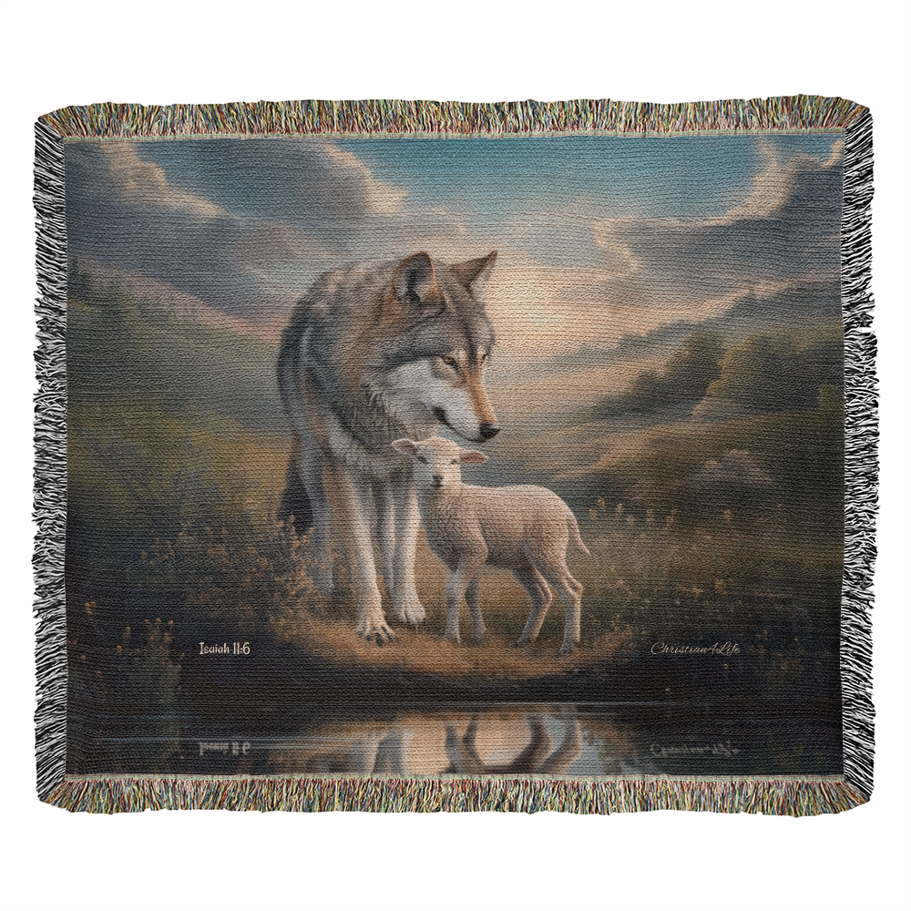 Wolf and Lamb Christian Heirloom Woven Blanket Tapestry - Isaiah 11:6