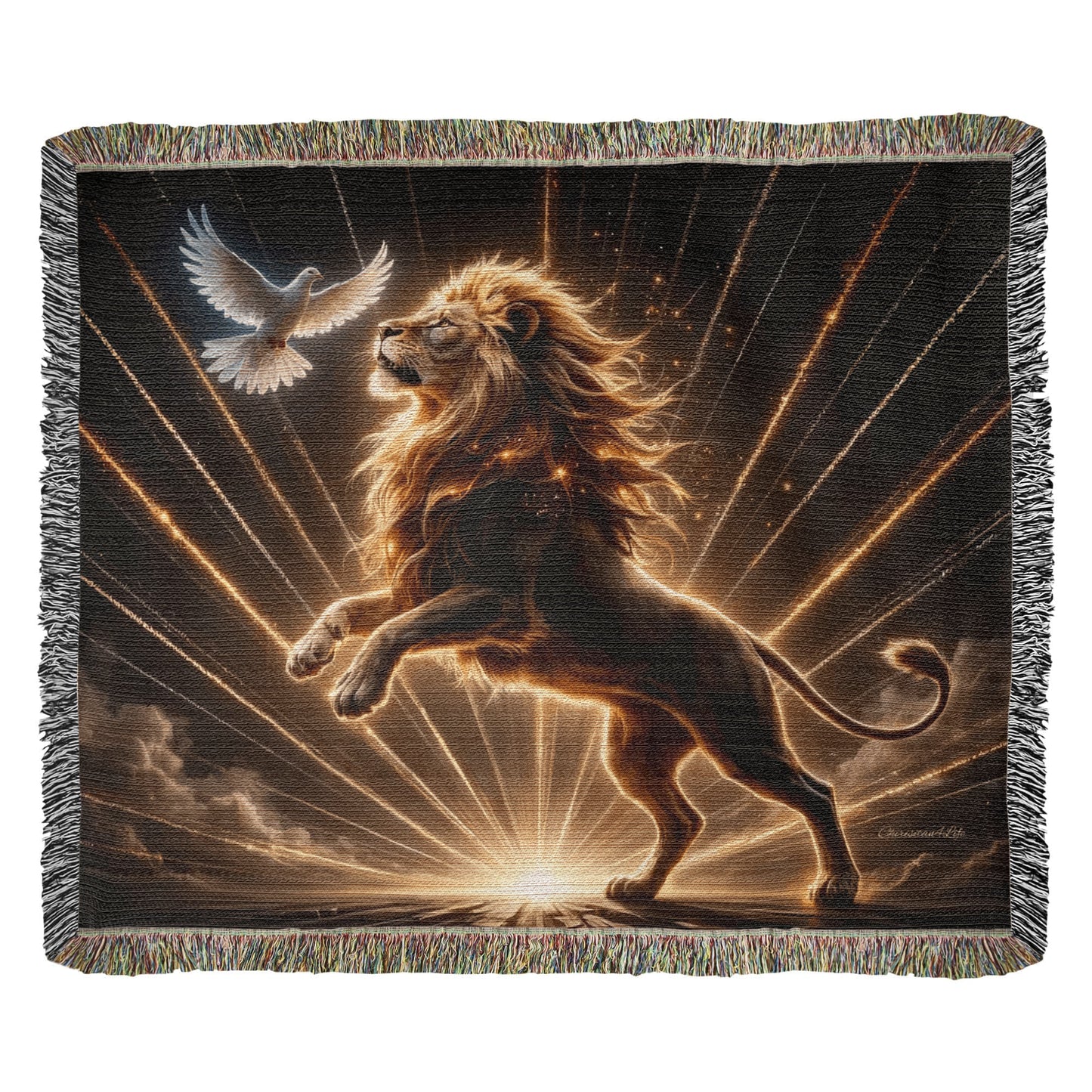 Lion of Judah and Holy Spirit with Golden Rays Heirloom Woven Blanket