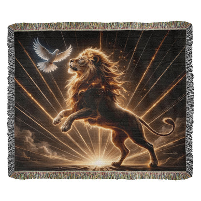 Lion of Judah and Holy Spirit with Golden Rays Heirloom Woven Blanket