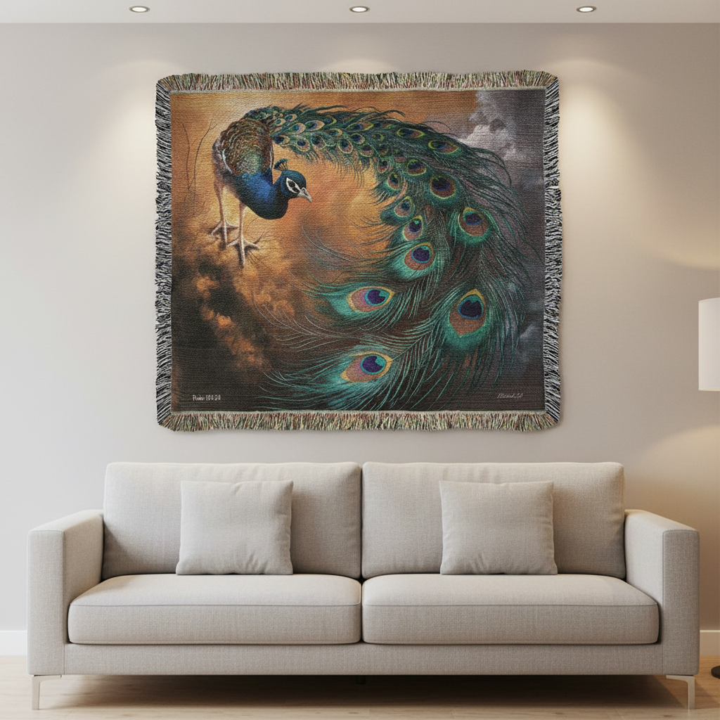 Peacock Heirloom Woven Blanket - Tapestry Decorative art print - a vibrant and elegant statement Peacock art piece