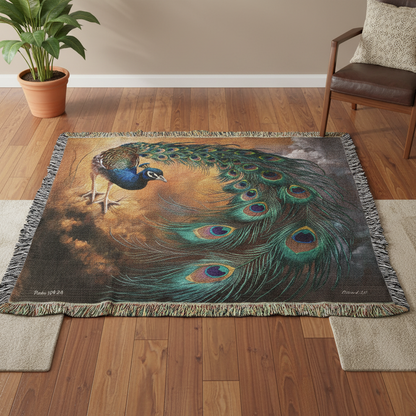 Peacock Heirloom Woven Blanket - Tapestry Decorative art print - a vibrant and elegant statement Peacock art piece