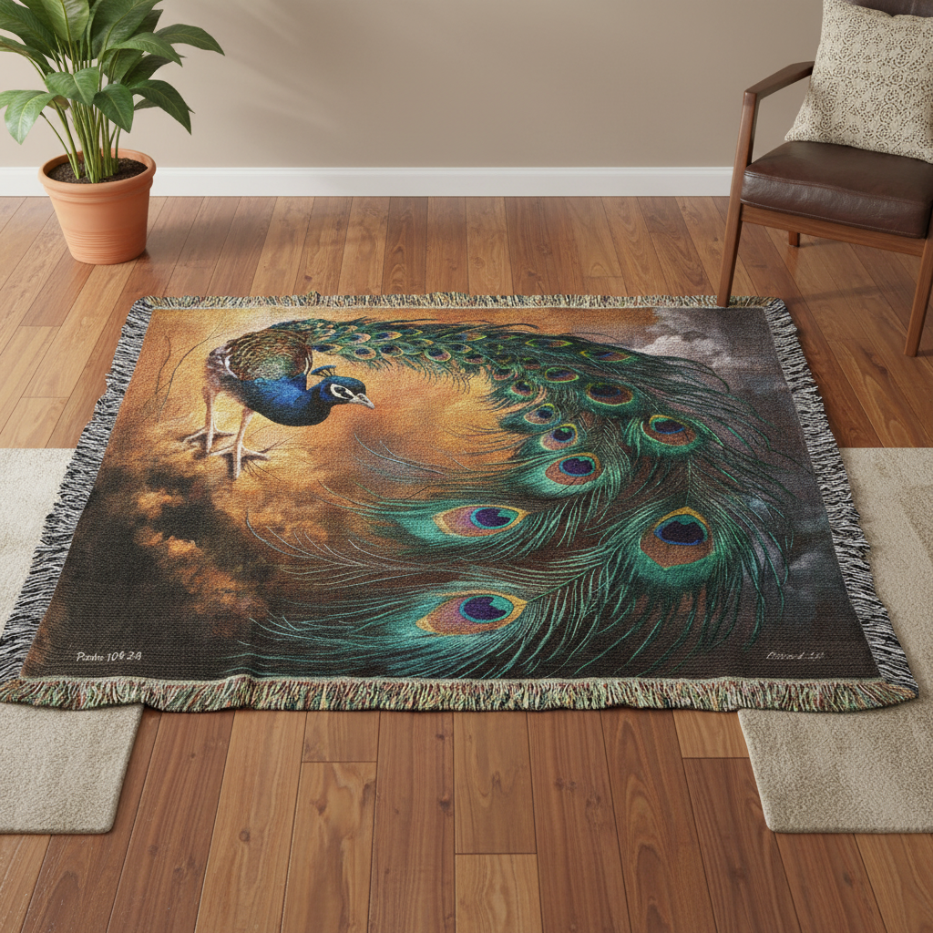 Peacock Heirloom Woven Blanket - Tapestry Decorative art print - a vibrant and elegant statement Peacock art piece