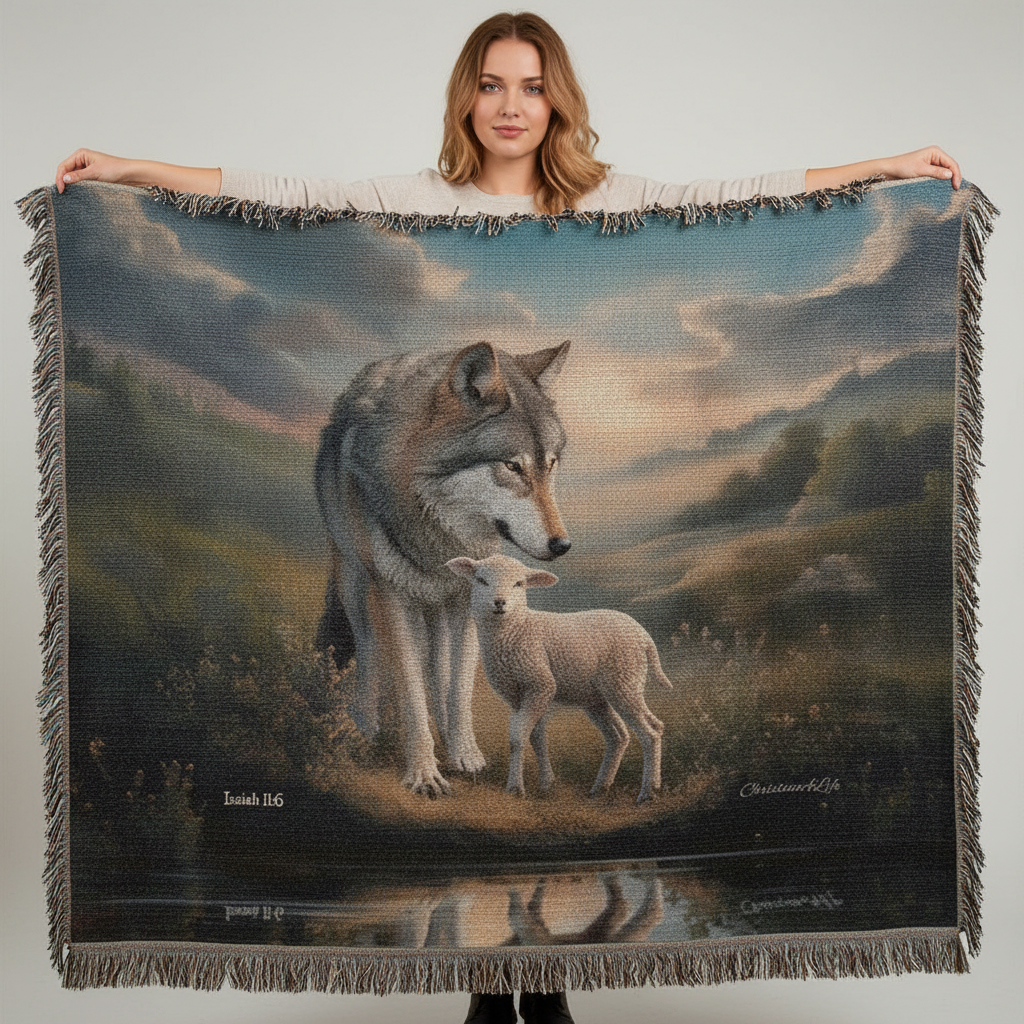 Wolf and Lamb Christian Heirloom Woven Blanket Tapestry - Isaiah 11:6