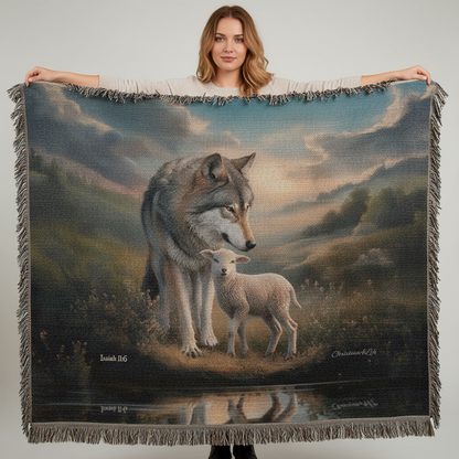 Wolf and Lamb Christian Heirloom Woven Blanket Tapestry - Isaiah 11:6