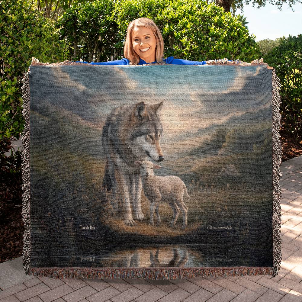 Wolf and Lamb Christian Heirloom Woven Blanket Tapestry - Isaiah 11:6