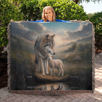 Wolf and Lamb Christian Heirloom Woven Blanket Tapestry - Isaiah 11:6